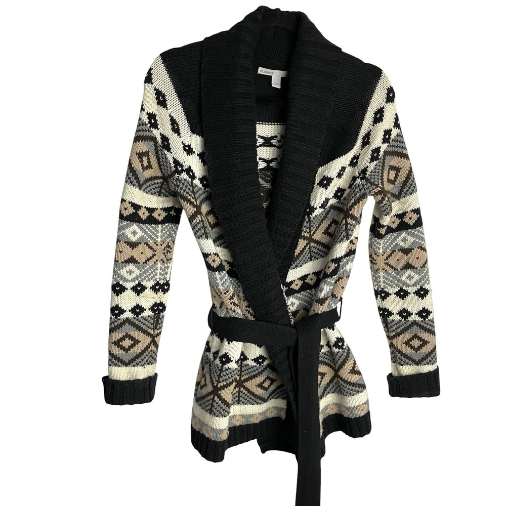 Old Navy Southwestern Belted Cardigan Sweater Size S Black Tan Shawl‎ Collar